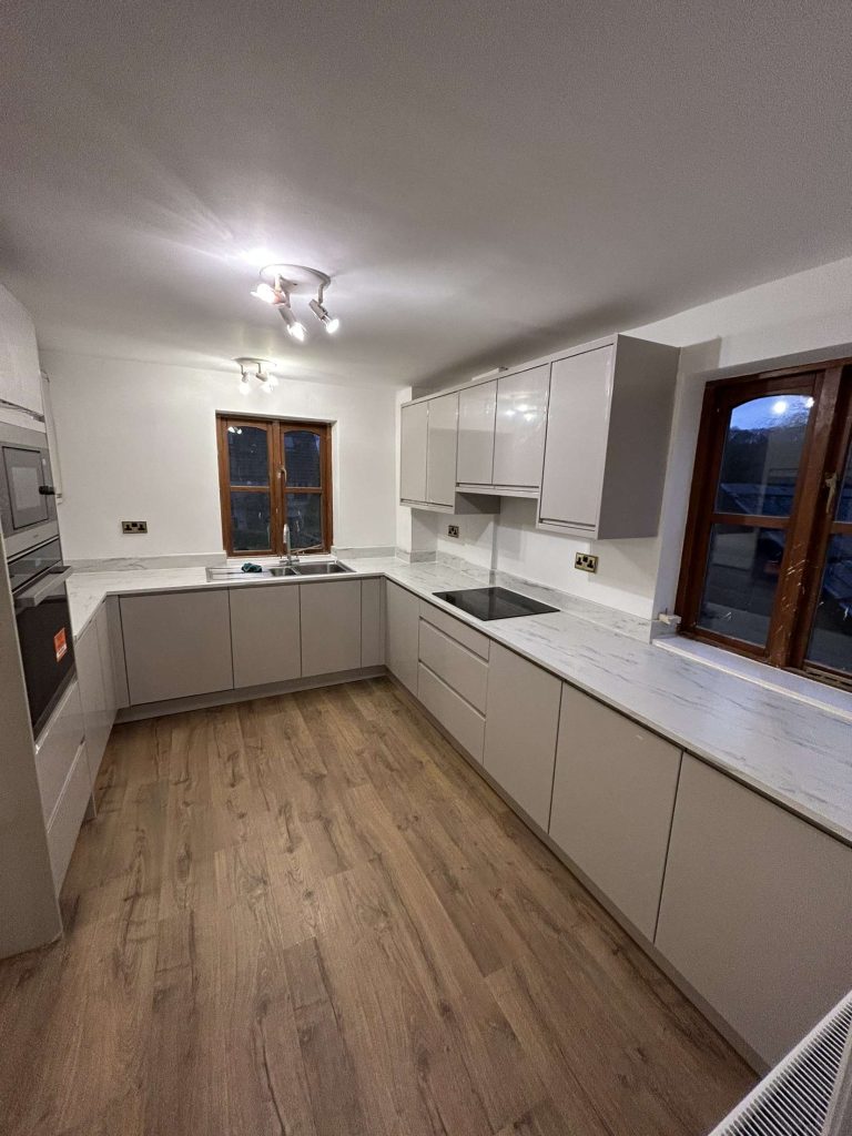 Light Grey J-Handle & Marble Effect Laminate Light Grey J-Handle & Marble Effect Laminate